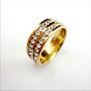 Gold Over Stainless Steel Luxury Luxurious Elegant Zircon Double Row Rings